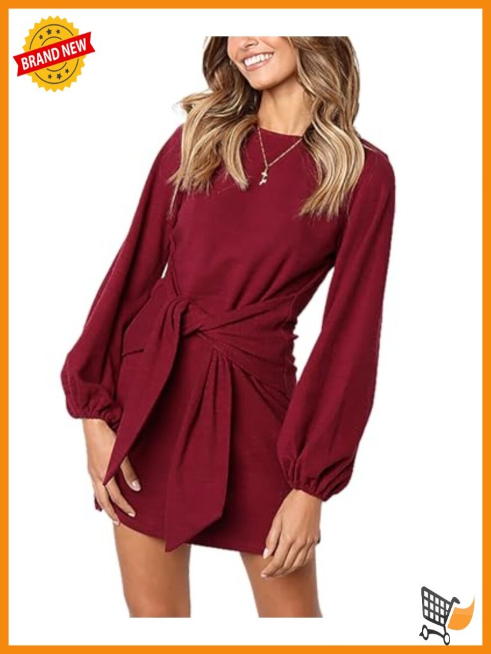 Lantern Sleeve Mini Dress Tie Waist Crewneck Fall Casual Party